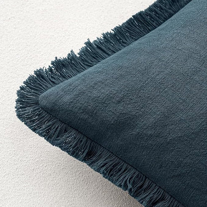 MIULEE Linen Fringe Decorative Euro Throw Pillow Covers Navy Blue 24x24 | Set - Image 3