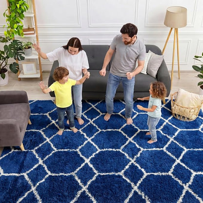 7x9 Area Rugs for Living Room Bedroom, Fluffy Navy Blue and White Boys Rug | - Image 3