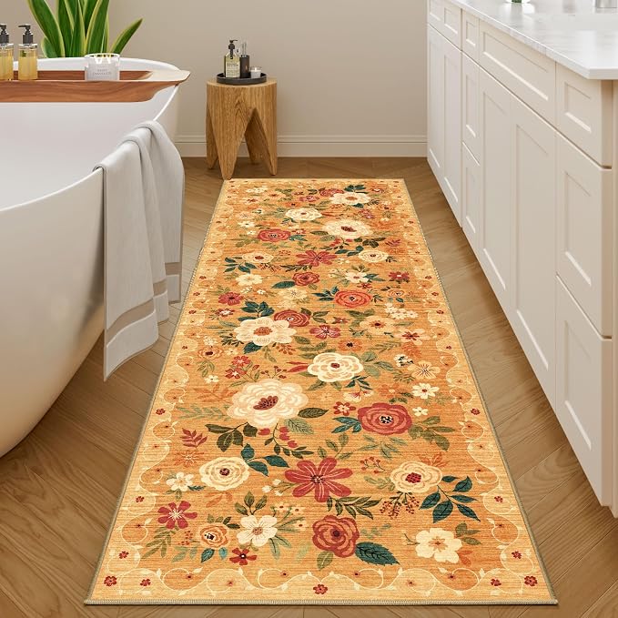 DUKINO 2x10 Runner Rug, Floral Washable Kitchen Runner Rug Non Slip, Low Pile - Image 3