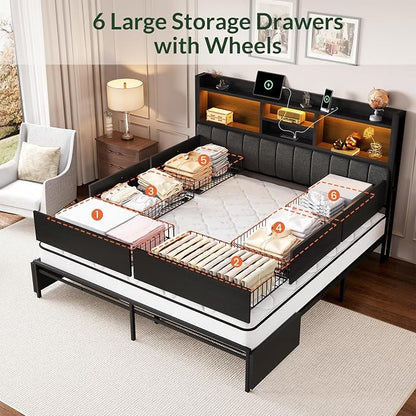 LARMACE King Bed Frame with 6 Storage Drawers, Bed Frame King Size with Linen - Image 3