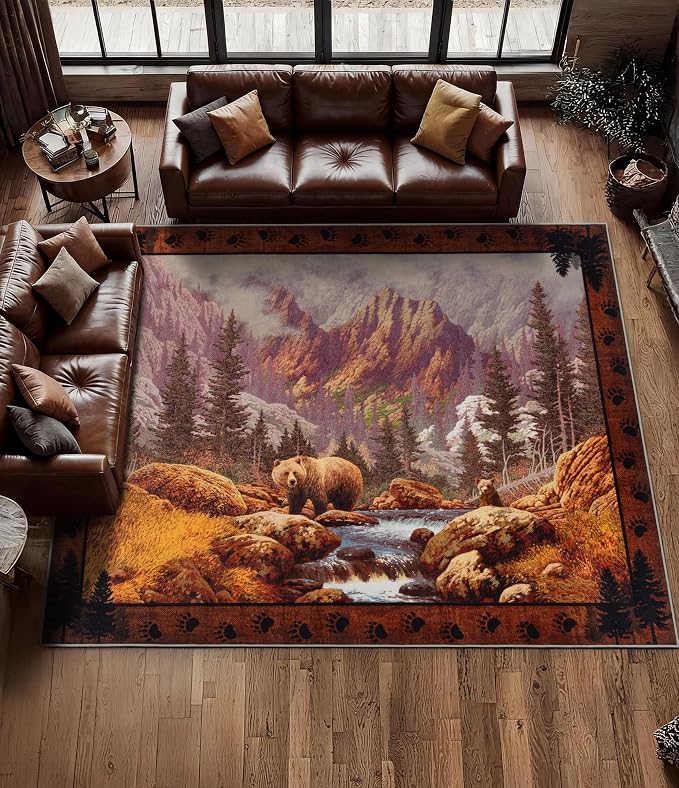 Rustic Cabin Area Rug for Bedroom 6x9, Machine Washable Woodland Bear Rug by YIHOUSE