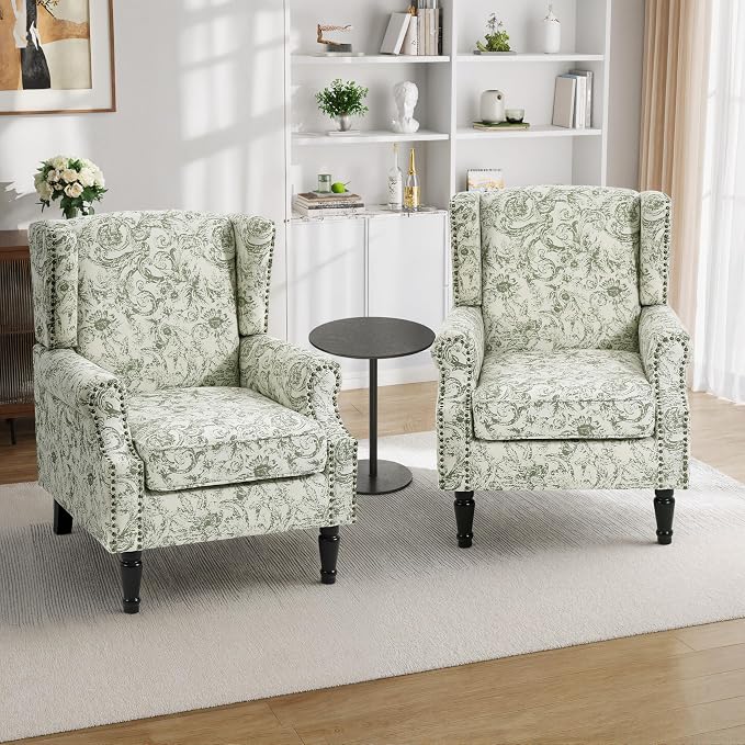 Pia Ricco Set of 2 Floral Accent Chairs, High Back Upholstered Armchairs - Image 5