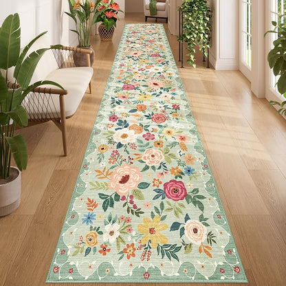 DUKINO 2.6x14 Washable Runner Rug, Floral Non Slip Long Runner Rug, Low Pile by DUKINO