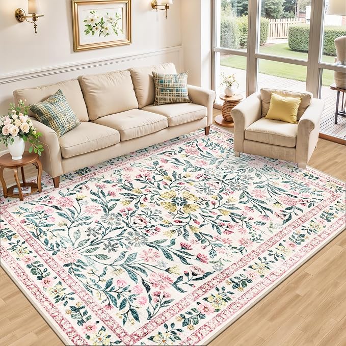 PLHXFR 8x10 Area Rug Living Room: Floral Washable Boho Carpet Pink Green | - Image 2
