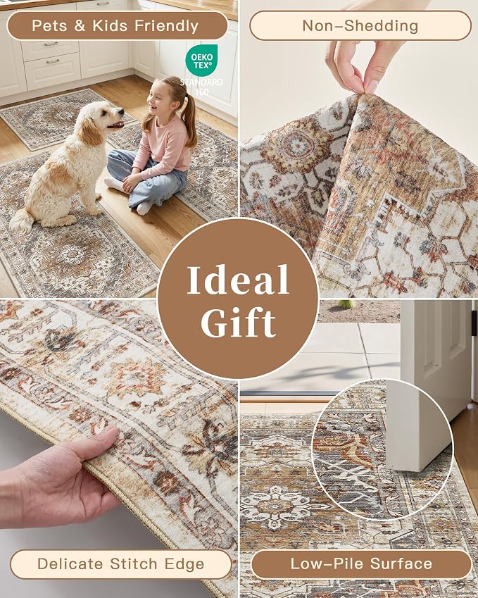 Madane Washable Kitchen Rug Set of 3 Small Area Rugs Non-Slip Turmeric/Grey | - Image 6