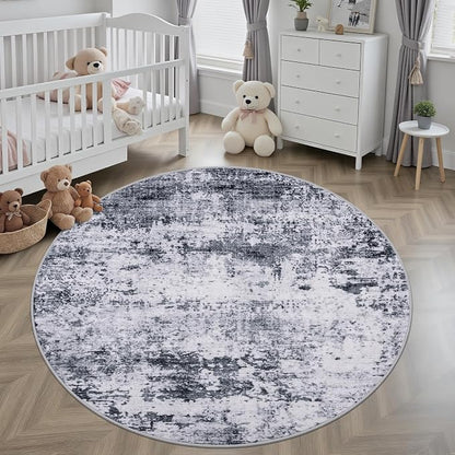 Round Area Rug Living Room: 4 ft Modern Washable Carpet Grey | - Image 3