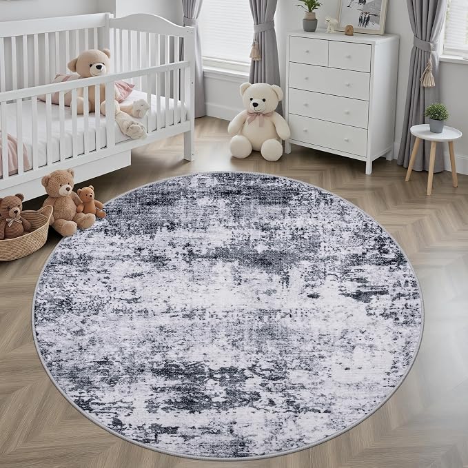 Round Area Rug Living Room: 8 ft Modern Washable Carpet Grey | - Image 4