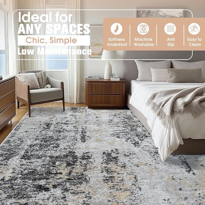 10x14 Area Rugs for Living Room Washable Dining Room Black Grey Gold | Modern - Image 2