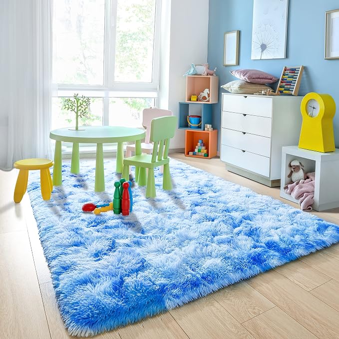 4x6 Tie-Dyed Blue Fluffy Soft Area Rug Non-Slip - Image 7