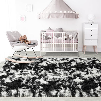 8x10 Extra Large Tie-Dyed Black and White Fluffy Area Rug Non-Slip - Image 7