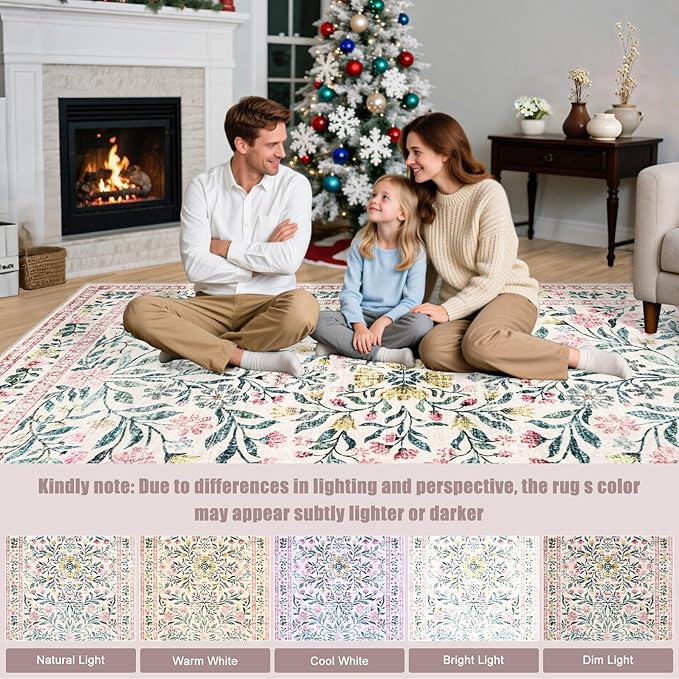 PLHXFR Area Rug 9x12 Living Room: Floral Washable Boho Carpet Pink Green | - Image 8