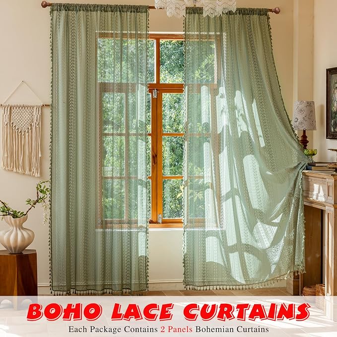 Sutuo Home Sage Green Boho Sheer Curtains 2 Panels - Image 4