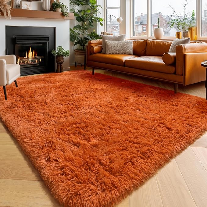 Amdrebio Burnt Orange Shag Furry Area Rug 5x8 by Amdrebio