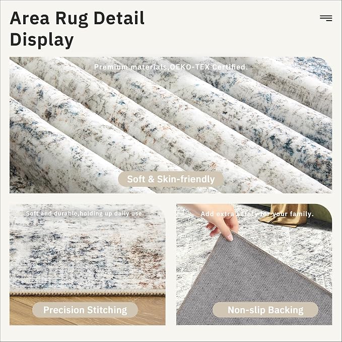 Soalmost Washable Runner Rug 2'6"x8' Kitchen Hallway Runners Blue/Ivory | Soft - Image 6