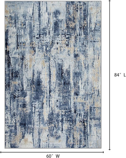 5x7 Area Rugs for Living Room: Washable Abstract Blue Gold Badroom Carpet | - Image 2