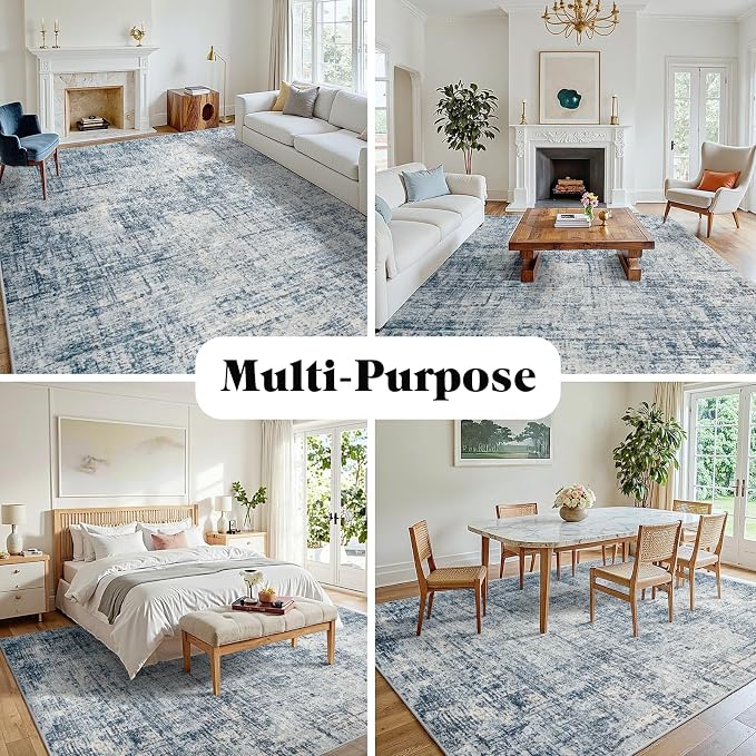 9x12 Washable Area Rug for Living Room Bedroom: Non-Slip Modern Blue Gold | - Image 3