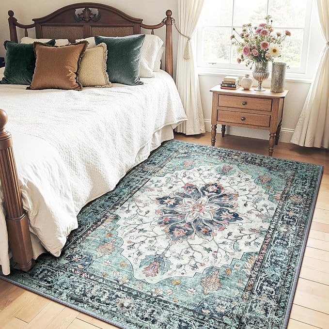 RELEANY Washable Area Rug, Teal Green/White/Navy | Non-Slip, Water Repellent - Image 2