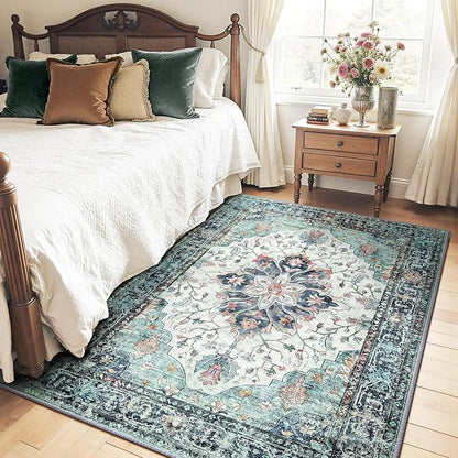 RELEANY Washable Area Rug, Teal Green/White/Navy | Non-Slip, Water Repellent - Image 2