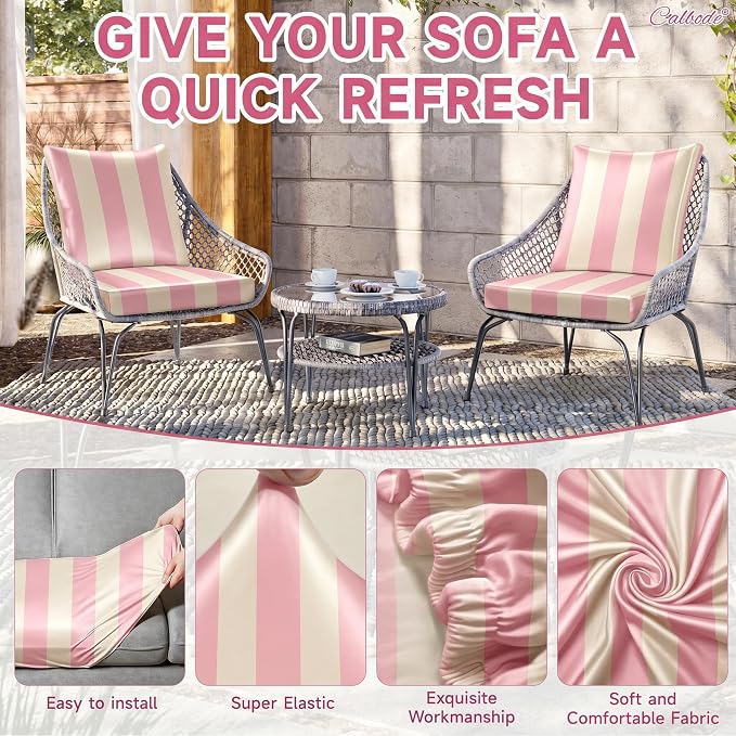 CALBODE 12 Pcs Stretch Outdoor Seat Cushion Covers, Washable Striped Chair Seat - Image 4