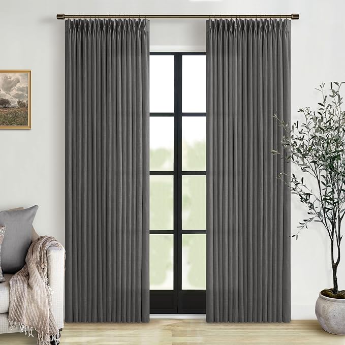 Dark Grey Light Filtering Pleated Linen Curtains 120 Inches Long 2 Panels | by Twodrapes