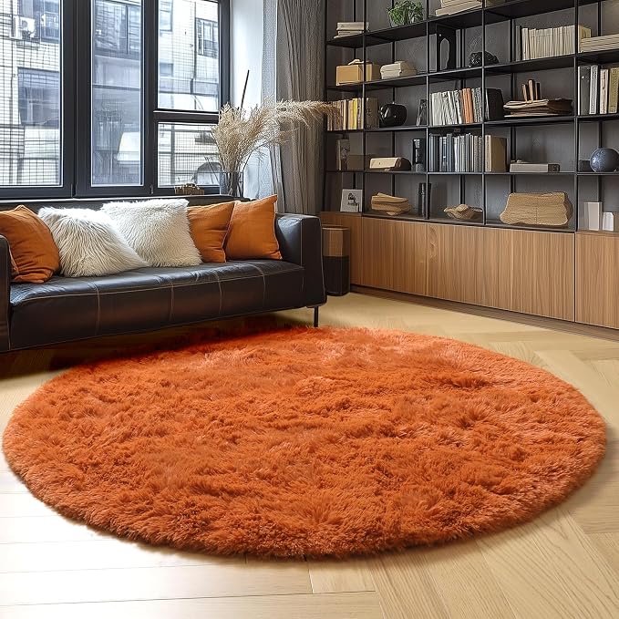 Amdrebio Burnt Orange Round Furry Area Rug 5Ft - Image 3