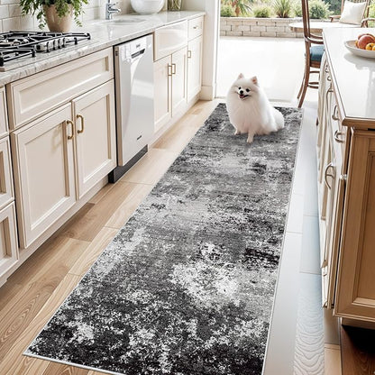 3x8 Washable Hallway Runner Non-Slip Abstract Modern Neutral Wide Carpet Runner by BYYVOORugsforYourHome
