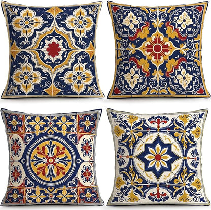 OBSEDE Throw Pillow Covers Set of 4, 18x18 Inch Blue and Yellow Mediterranean by OBSEDE