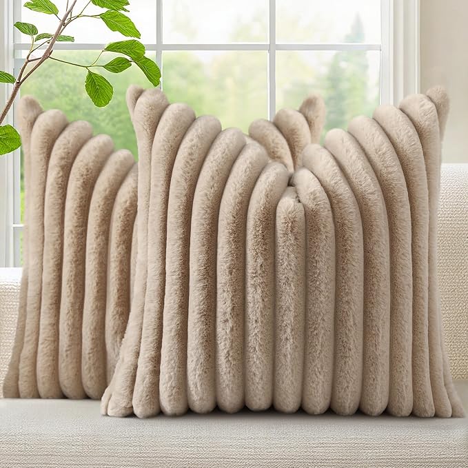 decorUhome Fall Faux Fur Throw Pillow Covers 24x24 Set of 2 Khaki Brown | by decorUhome