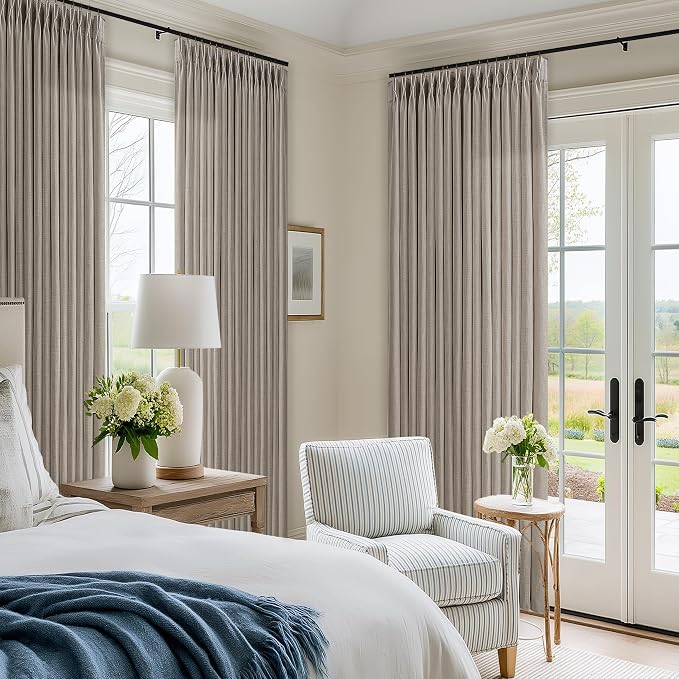 92 Inch Taupe Linen Pinch Pleated Light Filtering Curtains 50x92 2 Panels | - Image 7