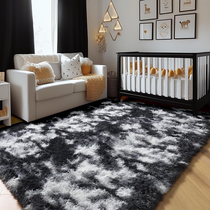 Amdrebio Black White Grey Large Fluffy Rug 6x9 - Image 6