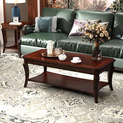 Traditional Coffee Table with Storage Shelf and Carved Leg, Farmhouse Living - Image 4