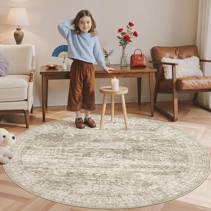 Soalmost 6x6 Brown Round Rug 6ft Circle Living Room Area Rugs Non-Slip | - Image 2