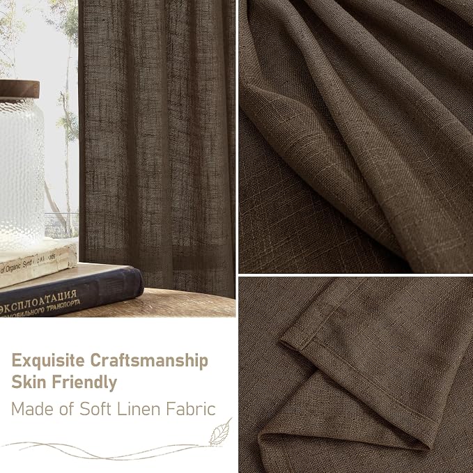 Dark Brown Linen Boho Sheer Curtains 84 inch Length 2 Panels | Soft Thick - Image 6