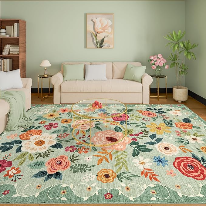 DUKINO 8x10 Area Rugs, Floral Washable Living Room Rug Non Slip, Stain Resistant - Image 3