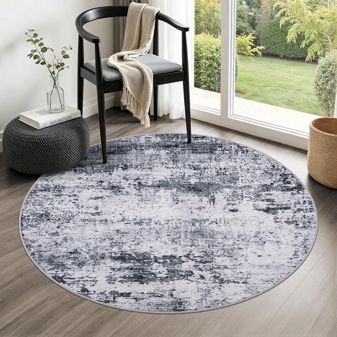 Round Area Rug Living Room: 5 ft Modern Washable Carpet Grey | by FXRHLP