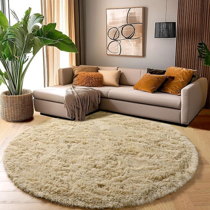 Amdrebio Beige Boho Shag Round Circle Area Rug 6Ft - Image 5