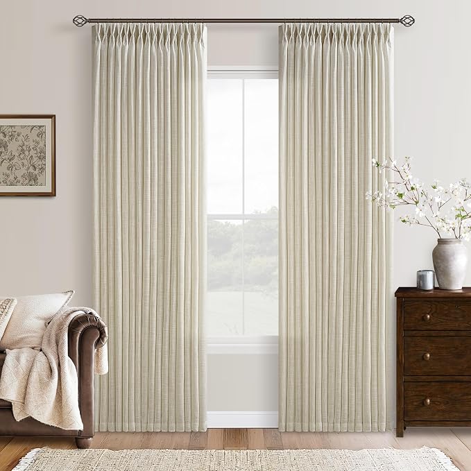 Linen Semi Sheer Beige Tan Pinch Pleated Curtains 92 Inches Long 50Wx92L | 92 by Twodrapes