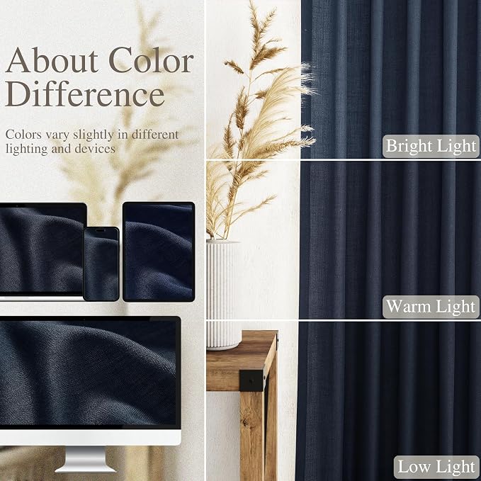 Navy Blue Linen Sheer Curtains 108 Inches Long Back Tab Rod Pocket 2 Panels - Image 4