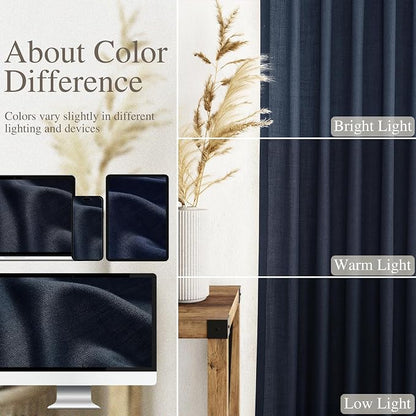 Navy Blue Linen Sheer Curtains 108 Inches Long Back Tab Rod Pocket 2 Panels - Image 4
