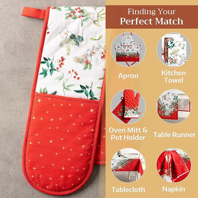 Maison d' Hermine Double Oven Mitts 100% Cotton 7"x35" Double Oven Mitt Heat Resistant BBQ Cooking Gloves with Loop, Baking, Grilling, Home, Kitchen, Handling Hot Pans (Noel)
