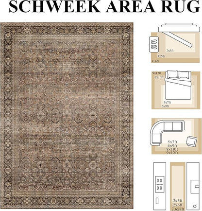 Schweek 3x5 Brown Area Rug Washable Non Slip Vintage Rugs - Image 2