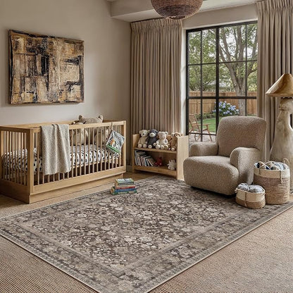 5x7 Coffee Brown Vintage Floral Washable Area Rug - Image 2