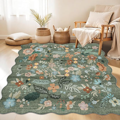 Floral Square Area Rug for Family: Washable 5x5 Scalloped Carpet for Living - Image 8