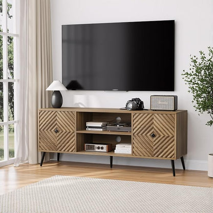 Smuxee Walnut TV Stand with Fluted Diamond Doors, 55.12" Mid Century Modern TV by Smuxee
