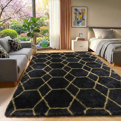 Area Rugs for Bedroom Living Room, 4x6 Fluffy Black and Gold Geometric Rug | - Image 6