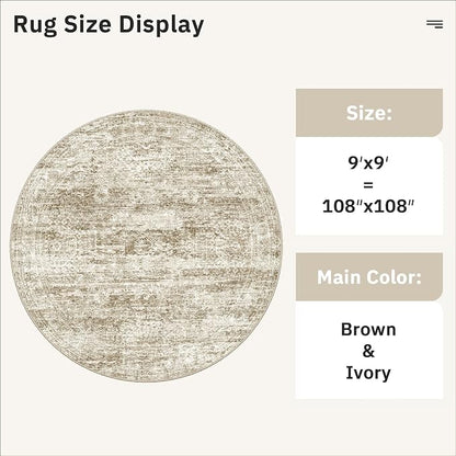 Soalmost Round Rugs 9ft Living Room Circle Area Rug 9x9 Brown Vintage | - Image 5