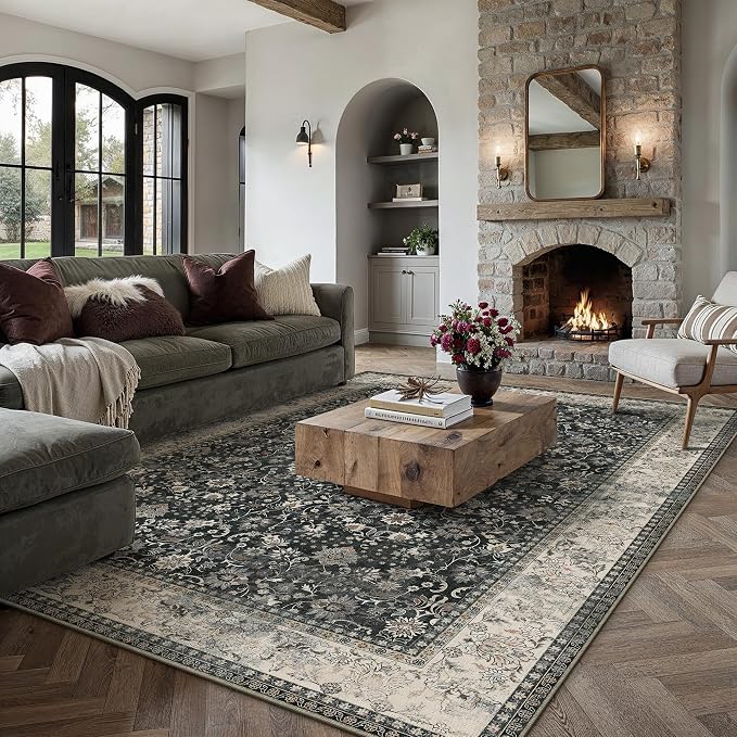 6x9 Black Beige Vintage Floral Washable Area Rug - Image 3