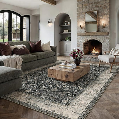 6x9 Black Beige Vintage Floral Washable Area Rug - Image 3