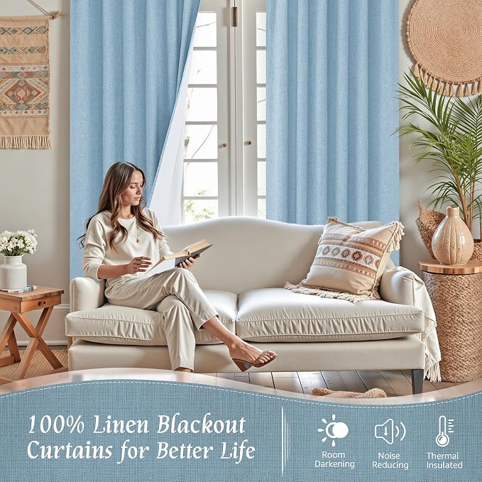 Stone Blue 100% Blackout Linen Curtains 63 Inch Length 2 Panels | Linen Textured - Image 2