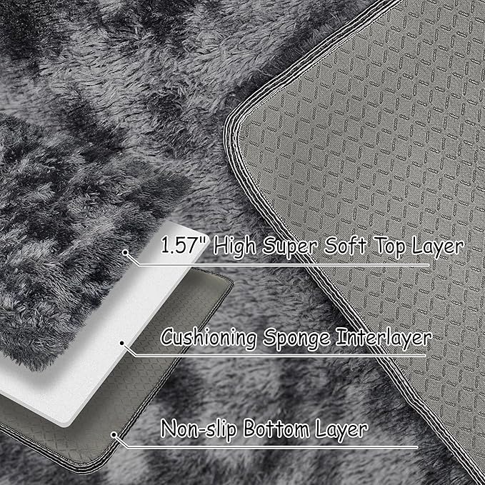 Small Tie-Dyed Area Rug for Bedroom 2x3 Mini Black Grey Fluffy Rug Mat Bedside - Image 5